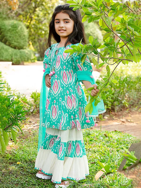Sage green printed cotton sharara suit