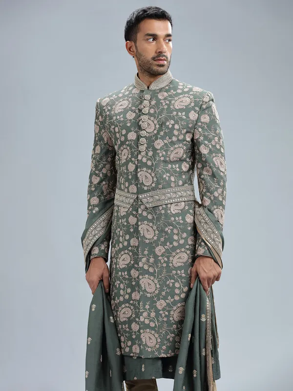 Sage green raw silk sherwani with dupatta