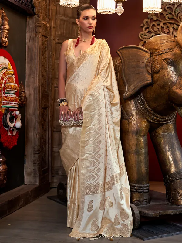 Satin cream zari weaving saree