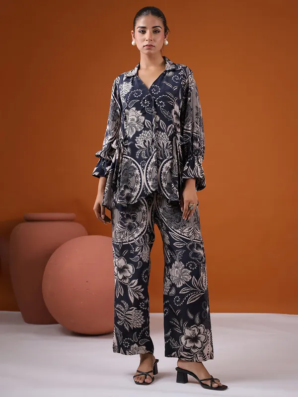 Satin navy co ord set with ethnic print