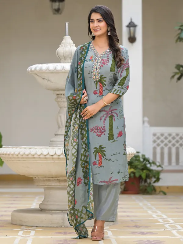Satin silk printed salwar suit in powder blue