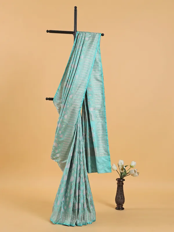 Sea green floral weaving saree