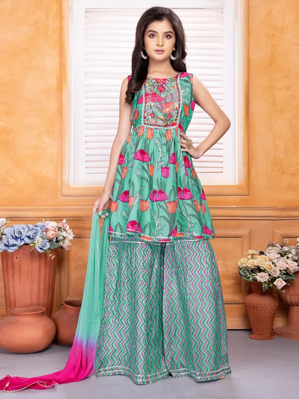 Sea green printed sharara set with dupatta