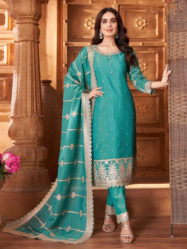 Sea green silk pakistani salwar suit