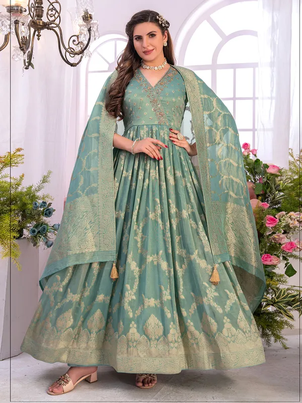 Sea green tissue silk zari weaving anarkali suit