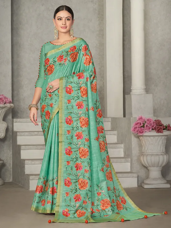 Sea green tussur silk printed saree