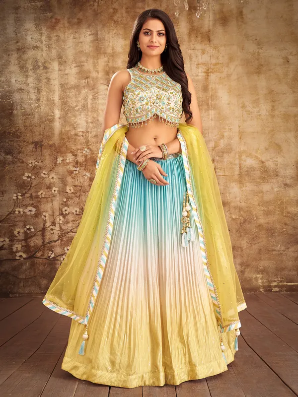 Shaded aqua and yellow lehenga choli in silk