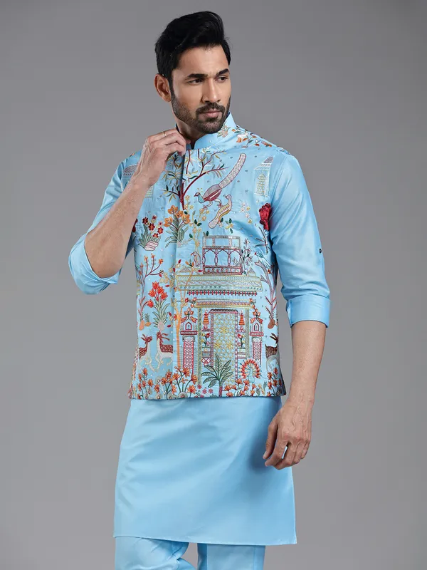 Shiny firozi blue kurta jacket set with colorful embroidery