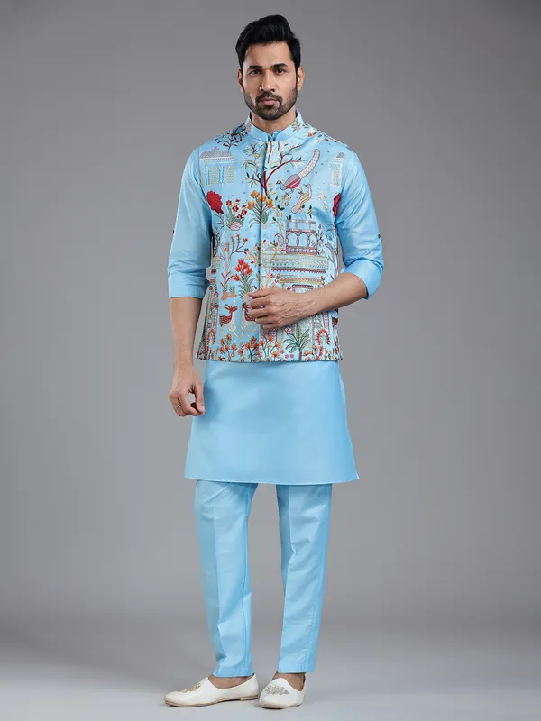 Shiny firozi blue kurta jacket set with colorful embroidery