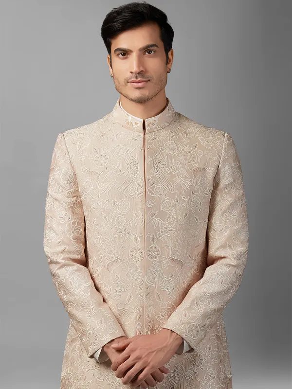 Shiny peach silk sherwani