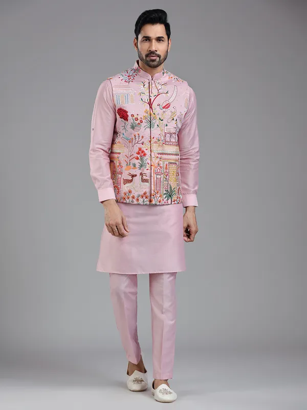 Shiny pink waistcoat set with multi coloured embroidery