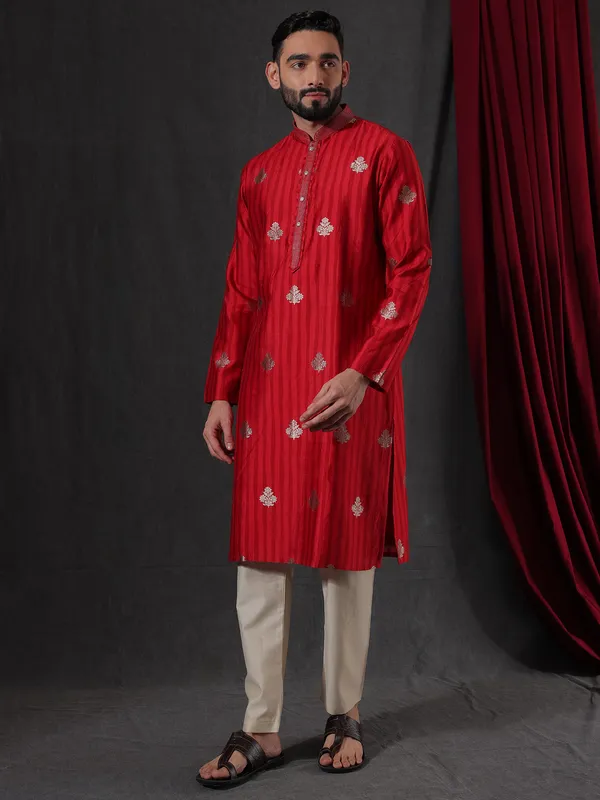 Shiny red silk kurta suit for men