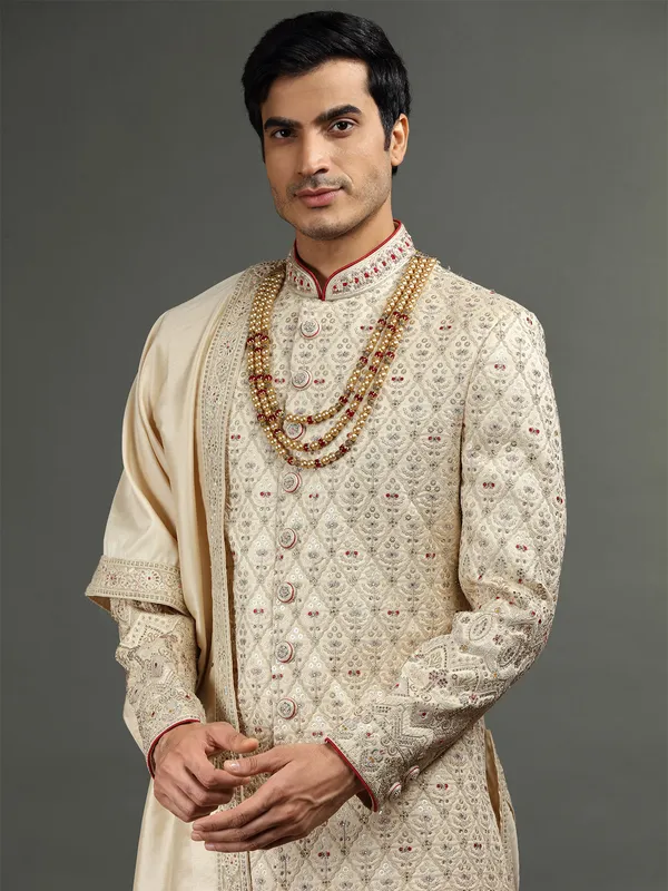 Silk beige groom wear sherwani