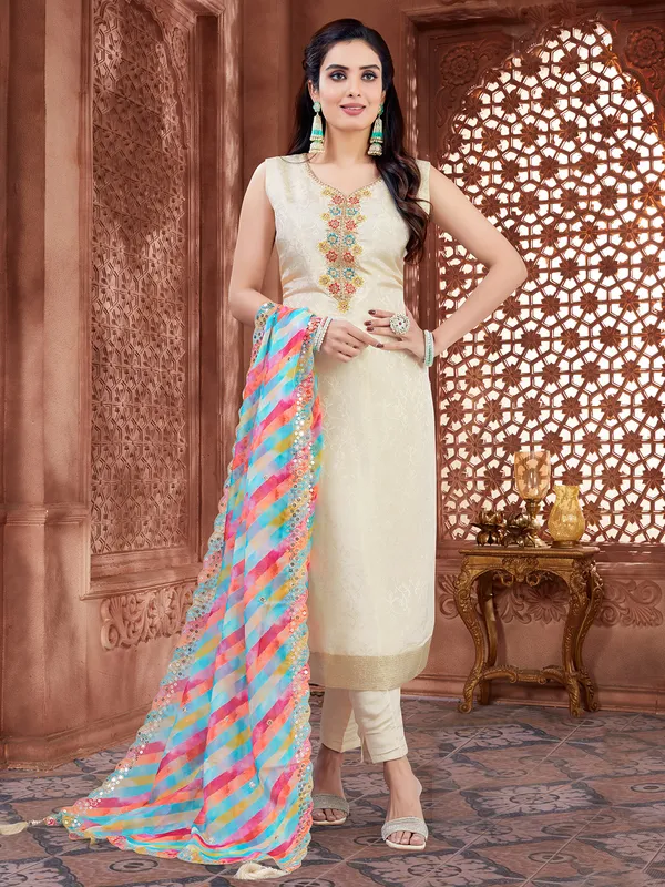Silk beige salwar kameez for women