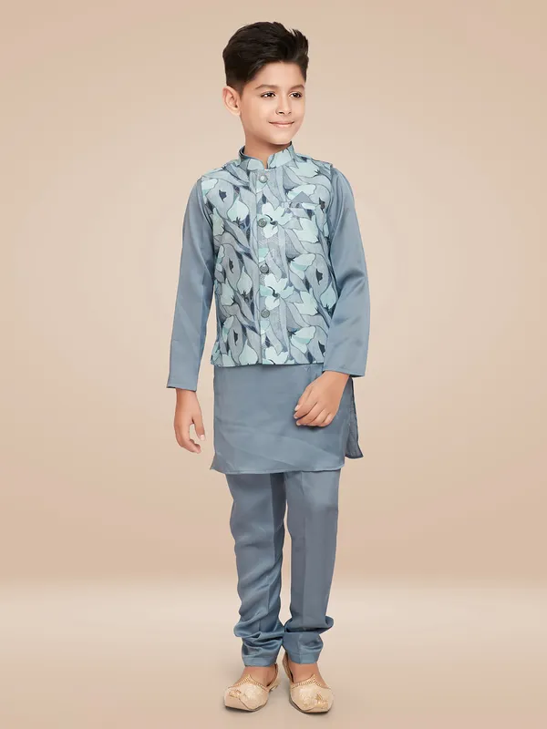 Silk blue printed waistcoat set