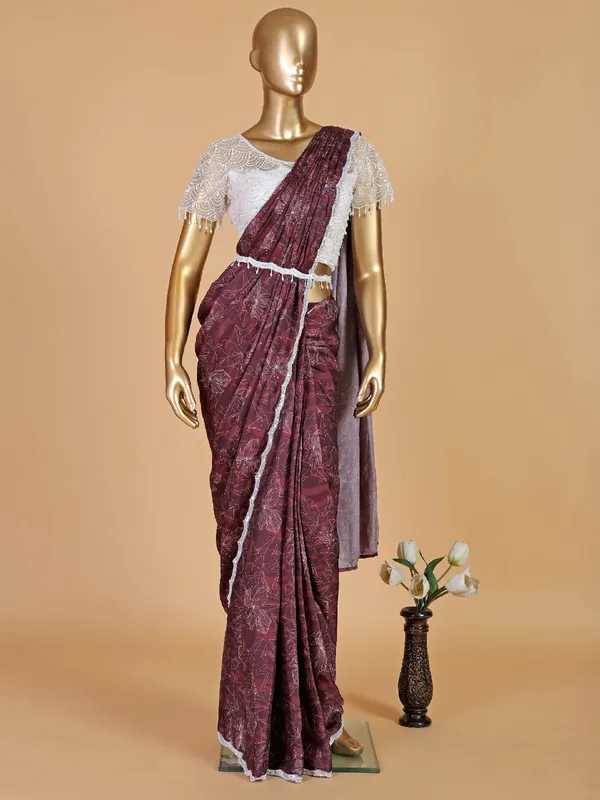Silk brown pre stitched saree