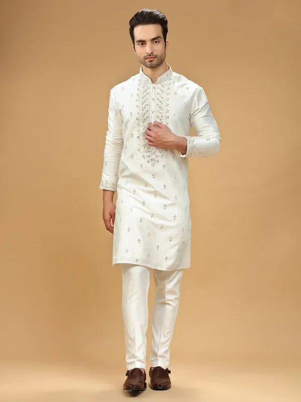 Silk cream embroidery kurta suit
