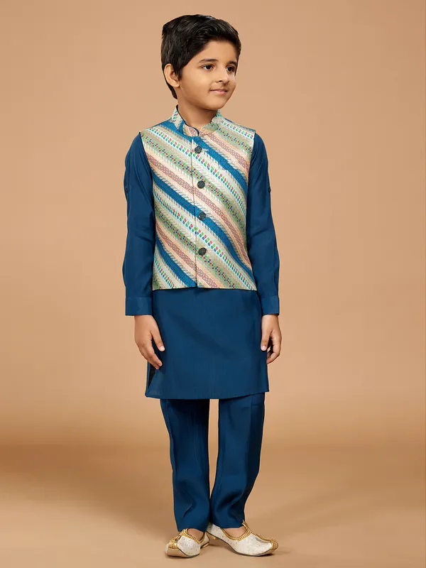 Silk dark blue zari weaving waistcoat set