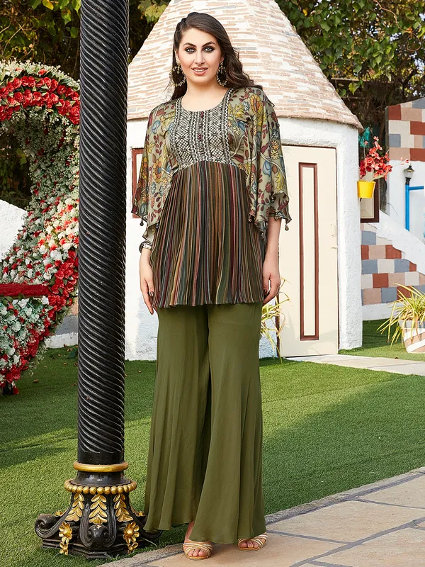 Silk dark green printed palazzo suit