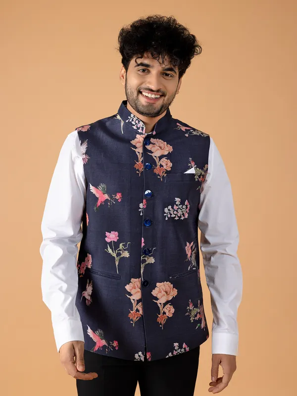 Silk floral printed navy waistcoat
