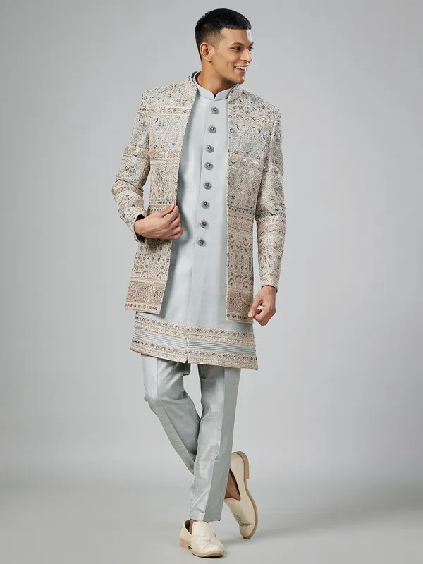 Silk grey embroidery indowestern