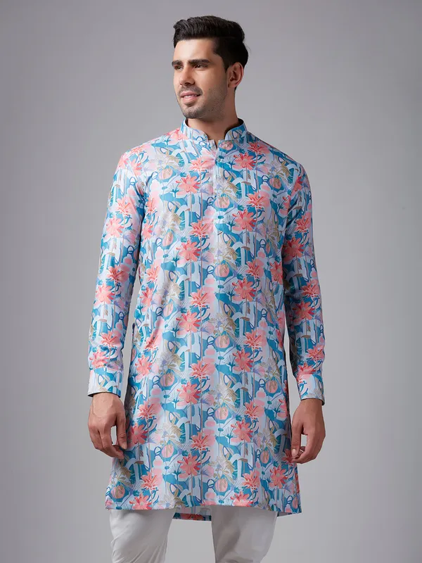 Silk light blue floral printed kurta suit