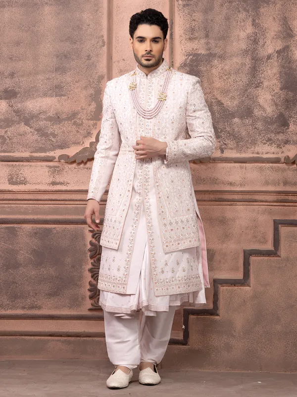 Silk light pink sherwani with embroidery