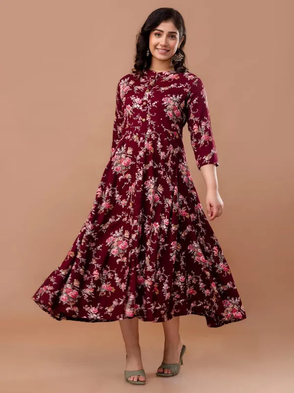 Silk maroon printed kurti for women