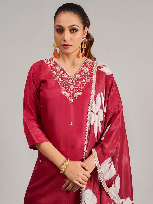 Silk maroon salwar suit with printed dupatta