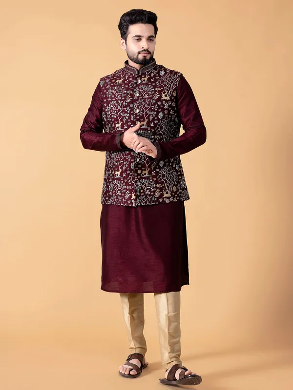 Silk maroon waistcoat set for wedding