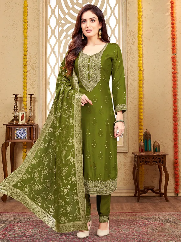 Silk mehendi green salwar suit with dupatta
