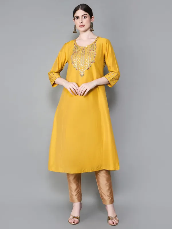 Silk mustard yellow cotton kurti for women