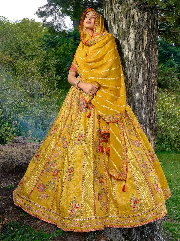 Silk mustard yellow unstitched lehenga choli