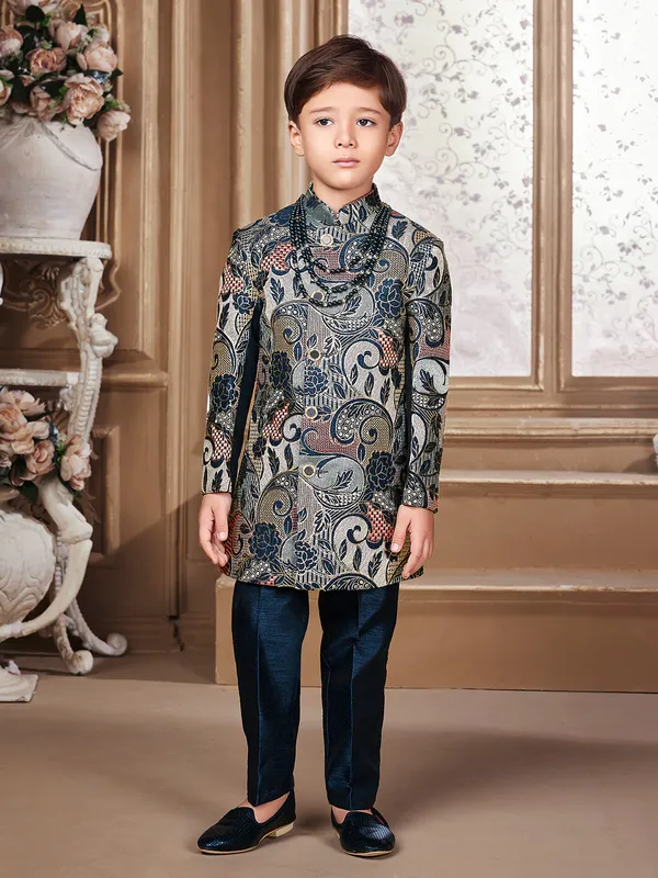 Silk navy indowestern with embroidery
