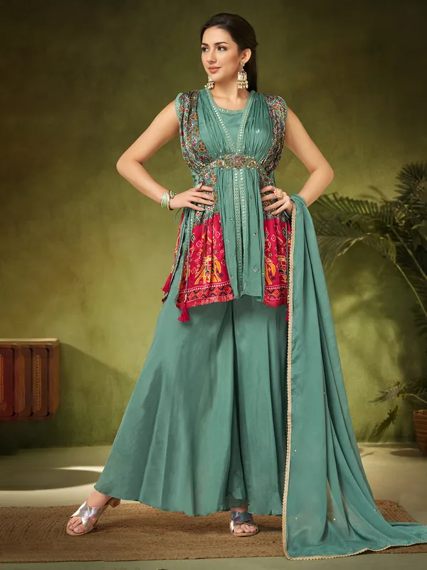 Silk palazzo suit in stone green