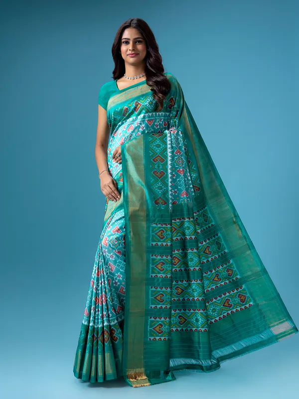 Silk patola printed rama green saree