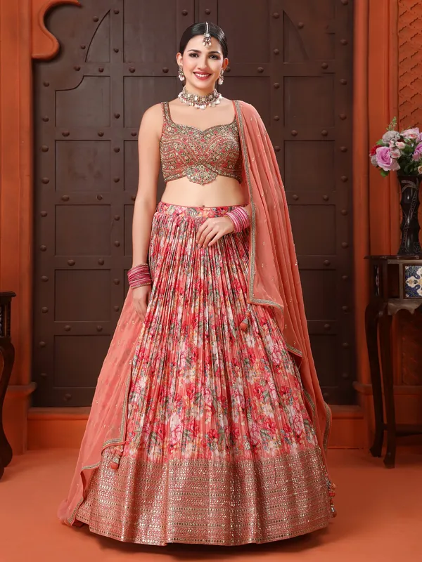 Silk peach floral printed lehenga choli