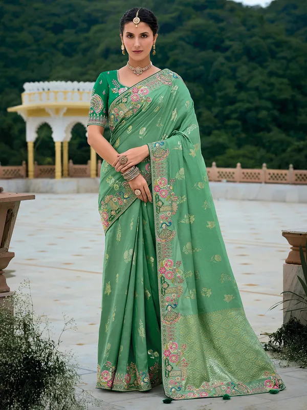 Silk pista green saree for wedding wear