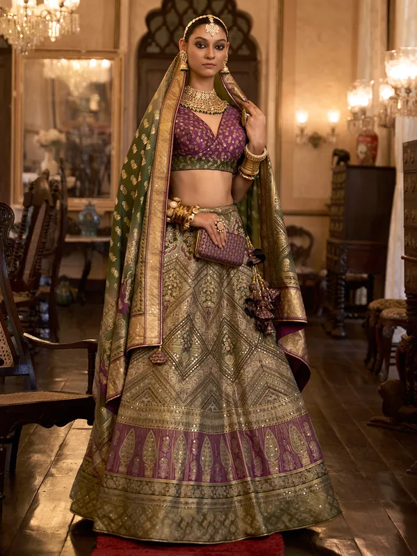 Silk printed green and purple lehenga choli