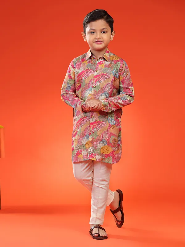 Silk printed kurta suit in multi color