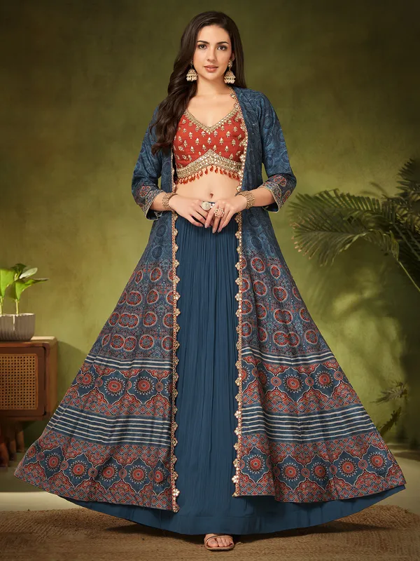 Silk printed lehenga choli with floor length jacket