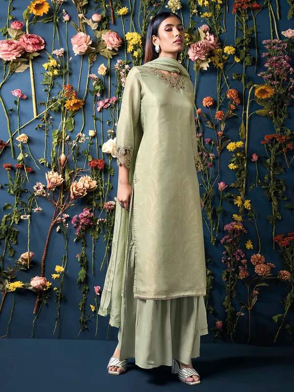 Silk printed pista green palazzo suit