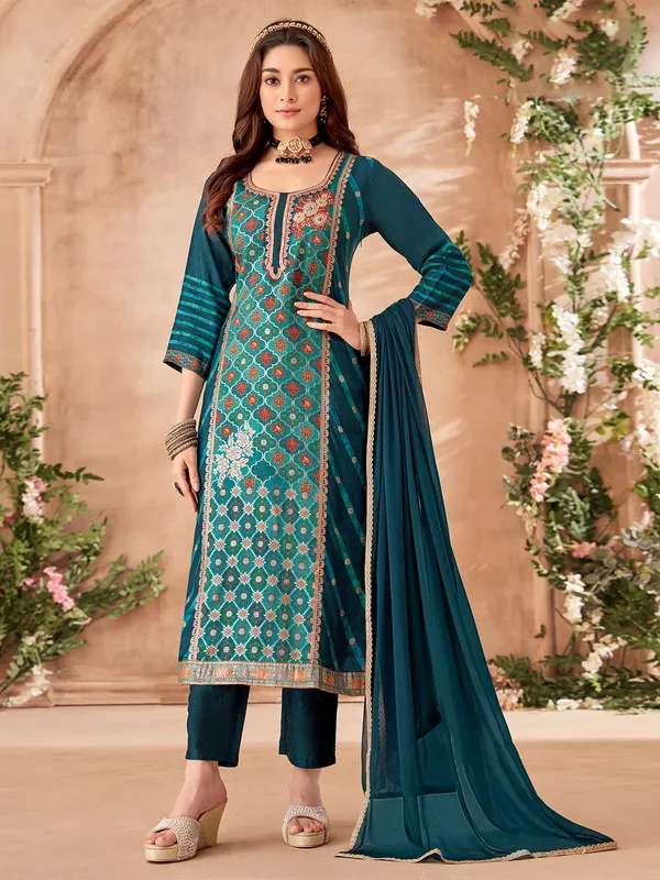 Silk printed rama blue salwar suit