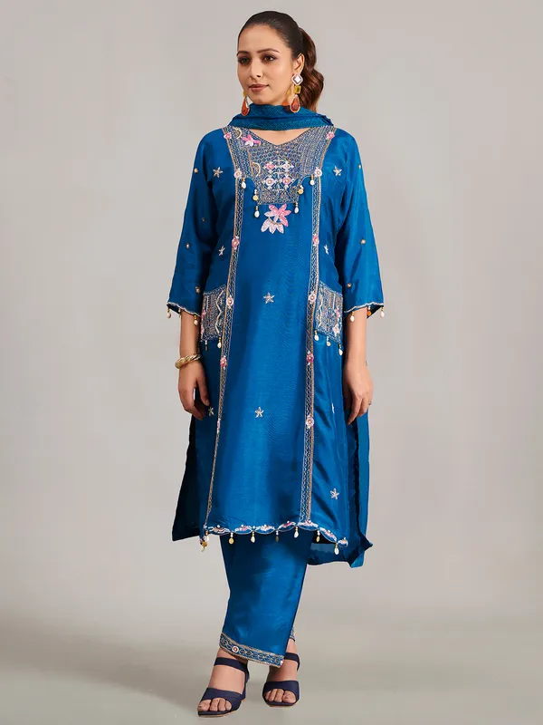 Silk rama blue salwar suit with dupatta