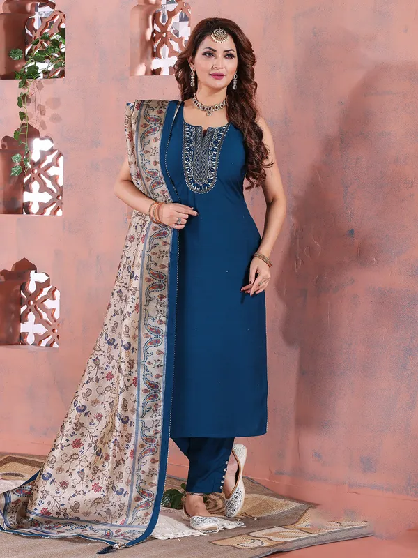 Silk rama blue salwar suit with printed dupatta