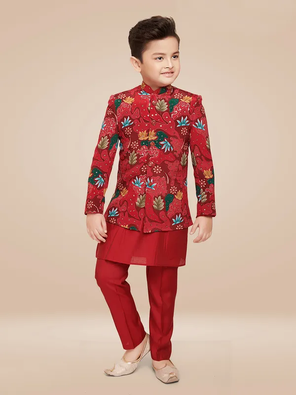 Silk red printed indowestern