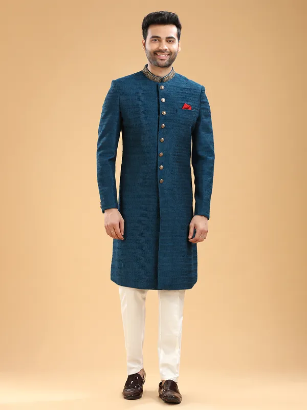 Silk teal blue indowestern