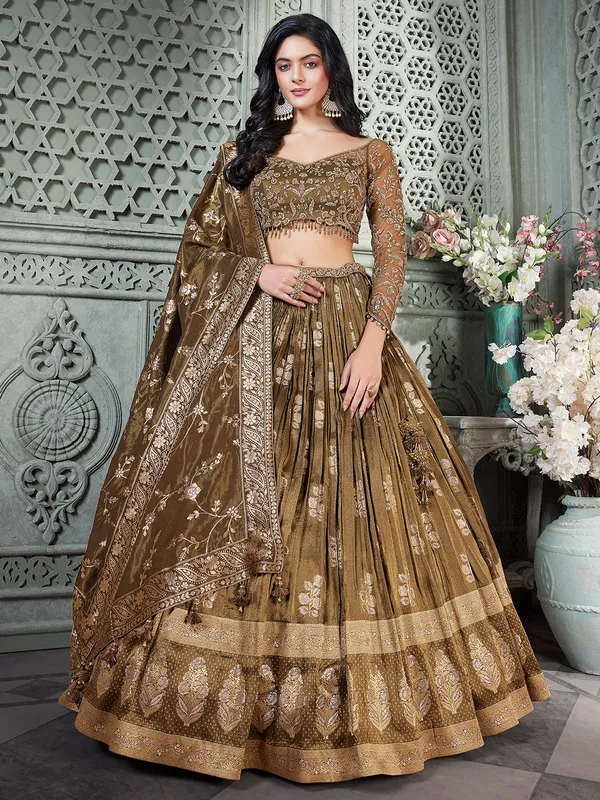 Silk wedding wear lehenga choli in brown