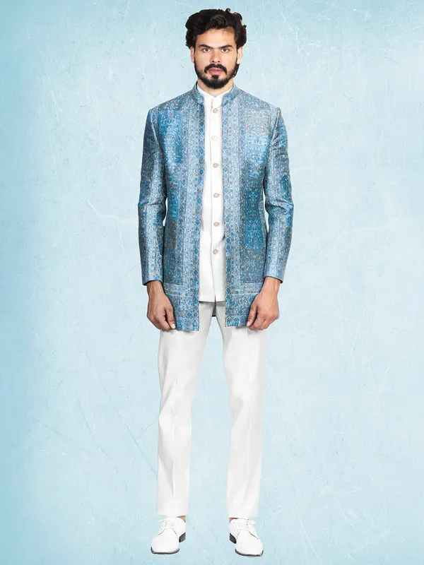 Silk white and blue indowestern