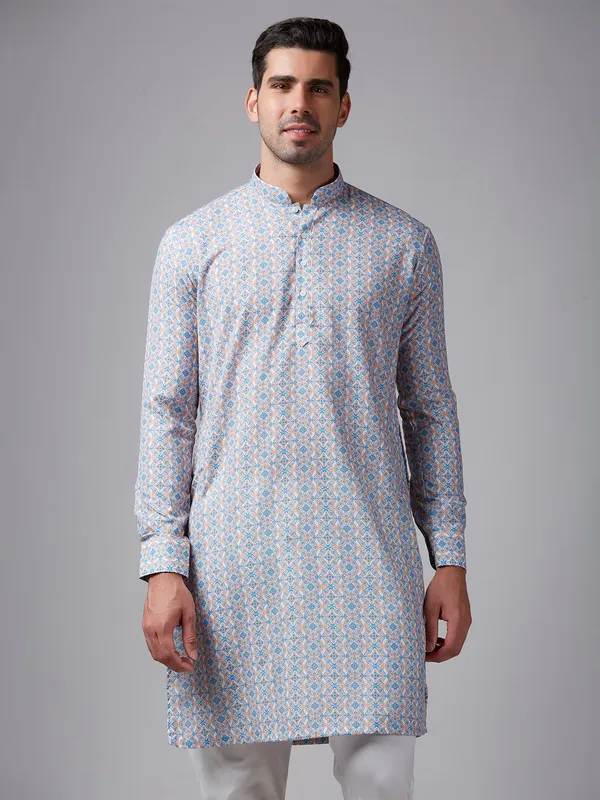 Silk white and blue printed kurta suit